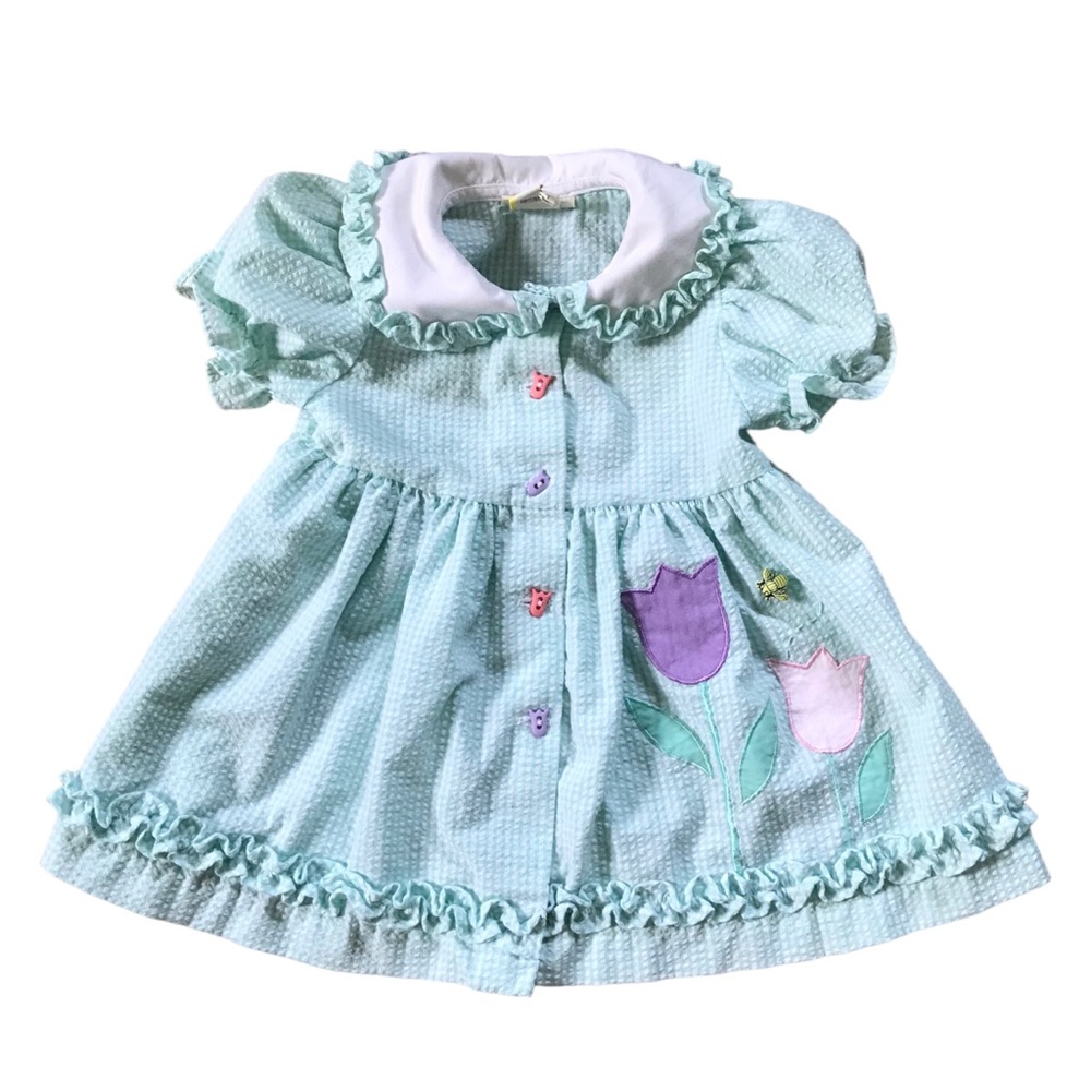 Vintage 12 Month Old Baby girl Dress Green Gingham Tulip Appliqué Lace Ruffles